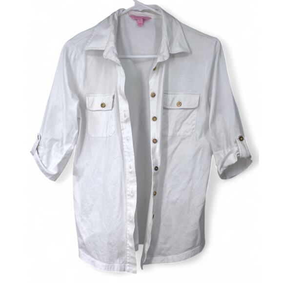 Lilly Pulitzer L Top Solid White Cruiser Camp Shirt Gold Button Front Up Women - Picture 2 of 5